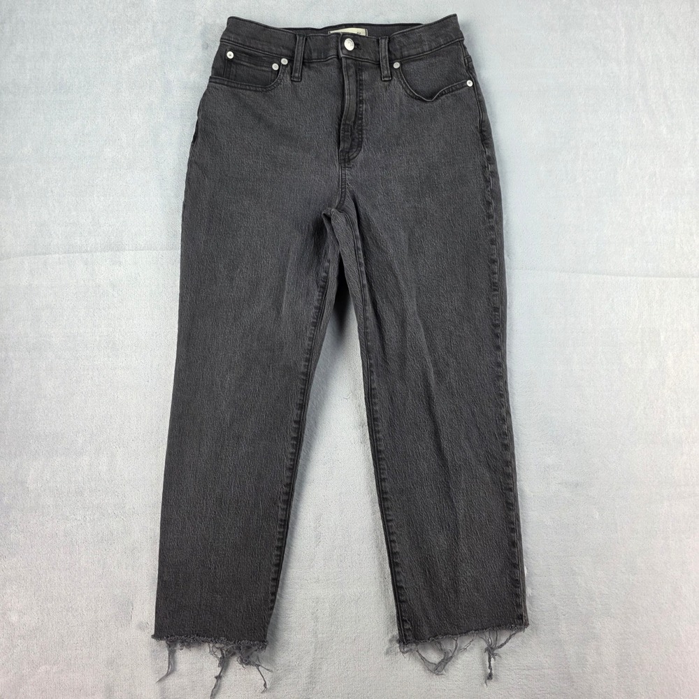 Madewell The Perfect Vintage Straight Jean 28P Washed Black High Rise Raw Hem
